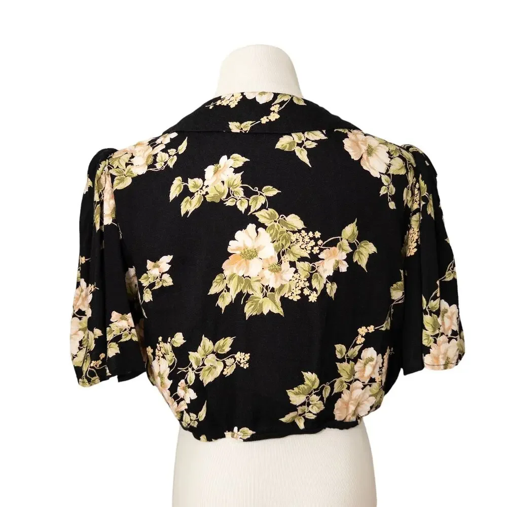 Reformation NEW Florian Short Sleeve Faux Wrap Crop Top Arielle Black Cream 12